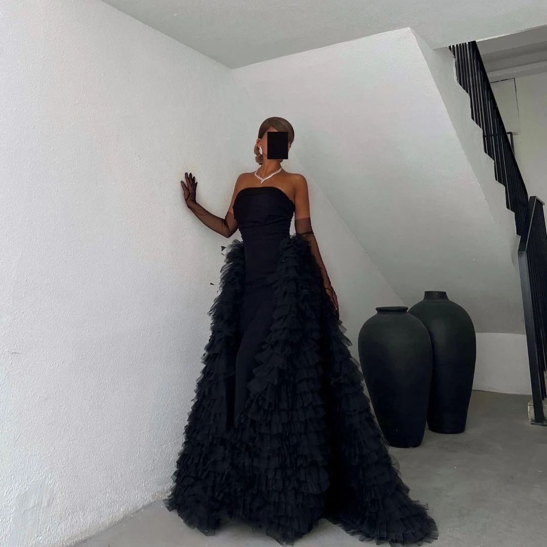Fairytale Strapless Prom Dresses Tulle Sleeveless Floor-Length Gloves Layered Zipper Up Back Strap Black Wedding Party 2023
Fairytale Strapless Prom Dresses Tulle Sleeveless Floor-Length Gloves Layered Zipper Up Back Strap Black Wedding Party 2023