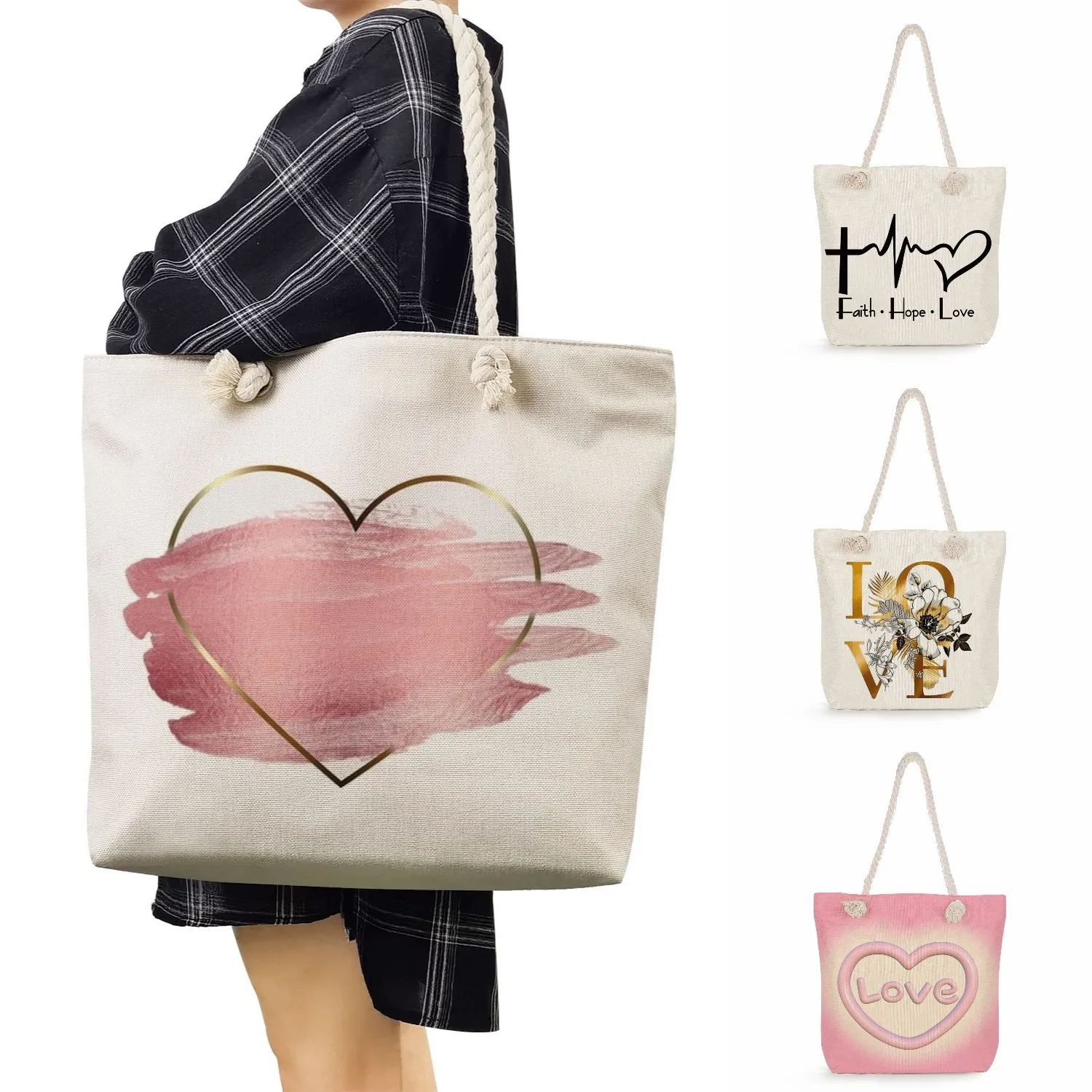 

Многоразовая Эко сумка для покупок с мультяшными надписями, сумка-тоут с рисунком Love, модные сумки с цветочным принтом Love, женская сумка через плечо из толстой веревки