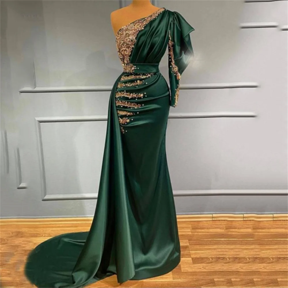 Luxurious Green One Shoulder Sleeve Satin Evening Dress Pleated Layered Sequin Beaded Party Dress Floor Length Mermaid Vestido D
Luxurious Green One Shoulder Sleeve Satin Evening Dress Pleated Layered Sequin Beaded Party Dress Floor Length Mermaid Vestido D
