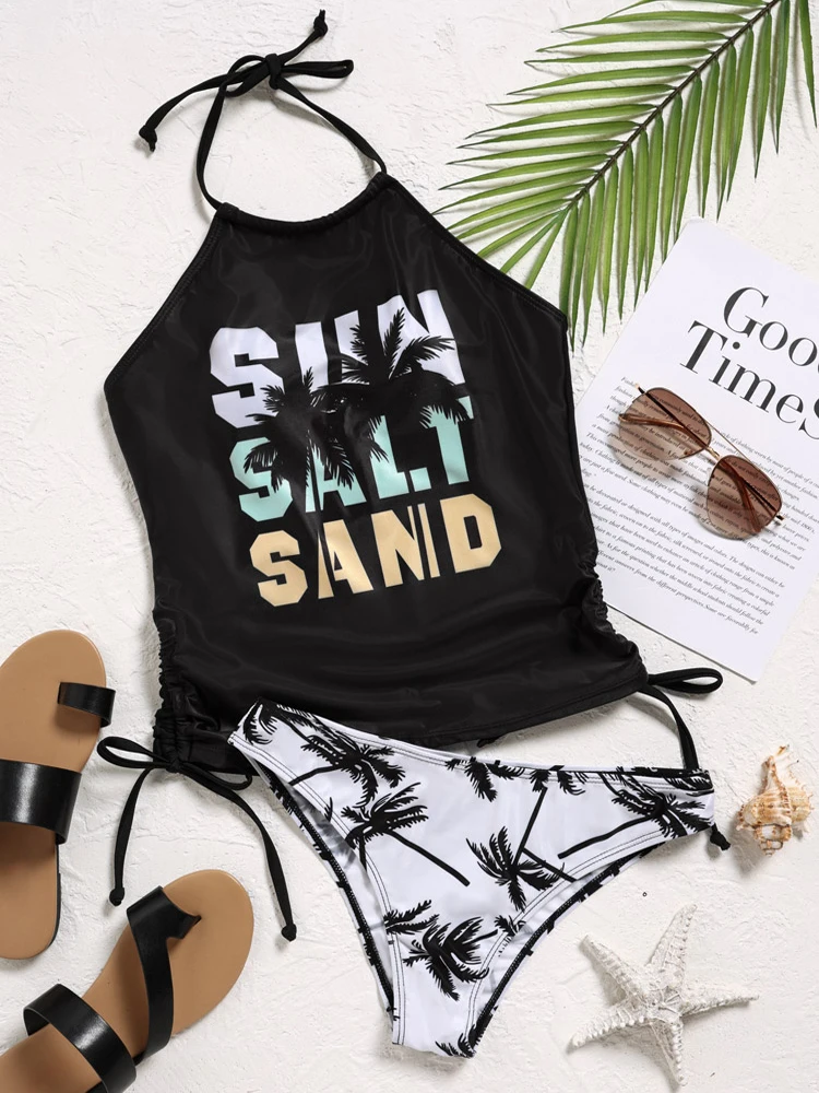 

Women Two-Piece Tankini Set Sun Salt Sand Coconut Tree Graphic Swimwear Beach Vacation Swimsuit Drawstring Halter Bathing Suit