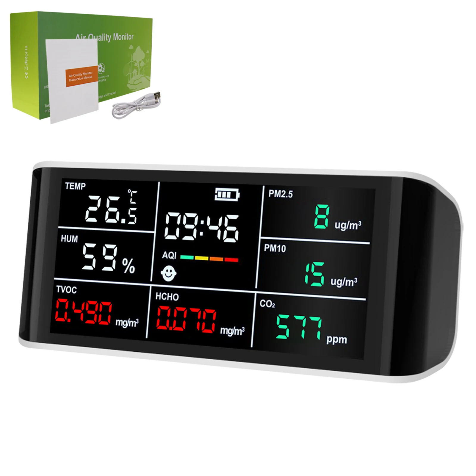 Multifunctional Air Quality Monitor, 9-in-1 Indoor Air Quality Meter For CO2, HCHO, PM2.5/PM10, TVOC, AQI, Humidity & Temp
Multifunctional Air Quality Monitor, 9-in-1 Indoor Air Quality Meter For CO2, HCHO, PM2.5/PM10, TVOC, AQI, Humidity & Temp