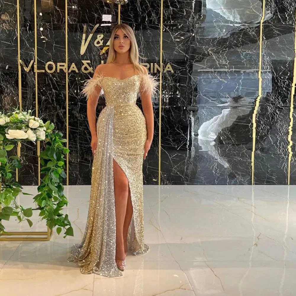 Sparkle Evening Dresses Slim Fit Sexy V Neck Gold Sequined Feathers Party Gowns Off The Shoulder Split Zipper Back Pageant Gown
Sparkle Evening Dresses Slim Fit Sexy V Neck Gold Sequined Feathers Party Gowns Off The Shoulder Split Zipper Back Pageant Gown