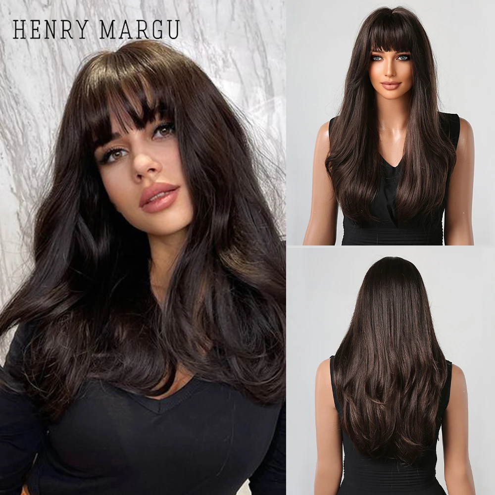 

HENRY MARGU Long Straight Brown Ombre Synthetic Hair Wigs for Black Women With Bangs Daily Cosplay Heat Resistant Natural Wigs