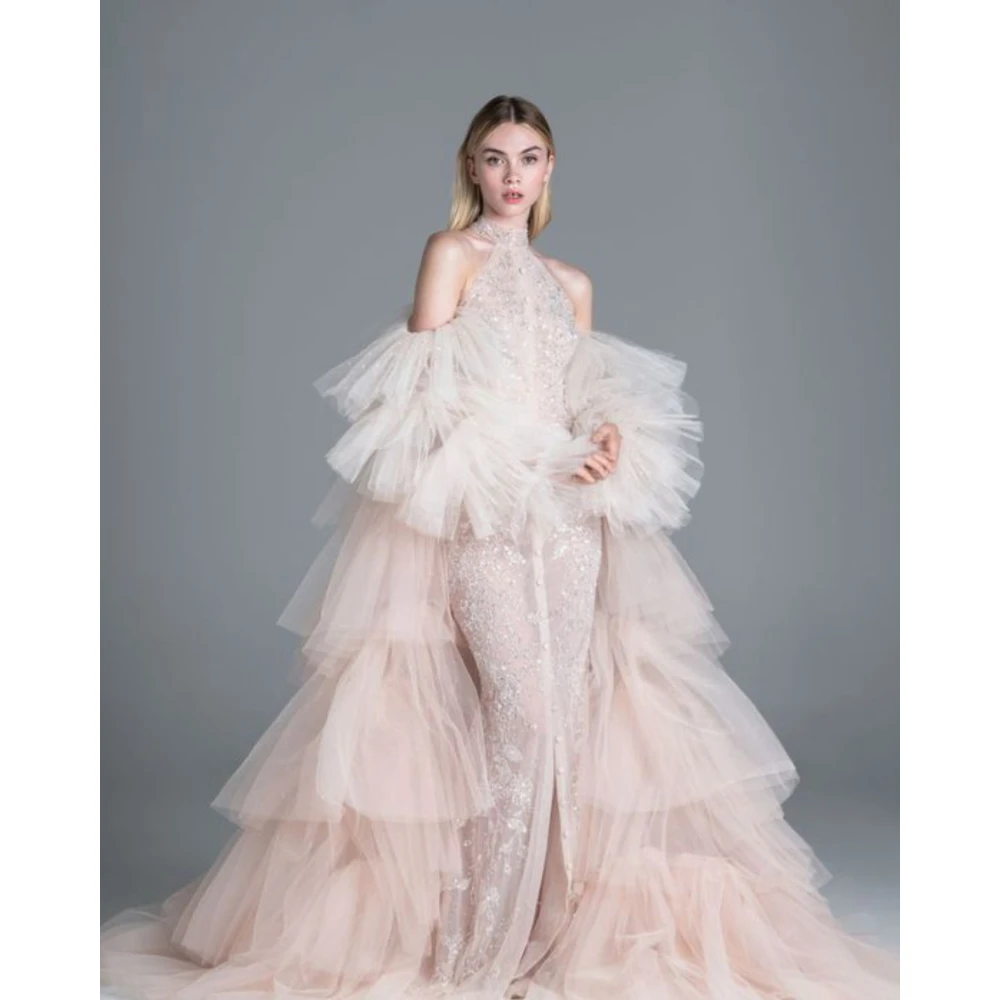 Luxury Pink Prom Dresses Halter Appliques Beads Sequins Evening Dresses Puffy Ruffles Long Sleeves Party Gowns for Wedding
Luxury Pink Prom Dresses Halter Appliques Beads Sequins Evening Dresses Puffy Ruffles Long Sleeves Party Gowns for Wedding