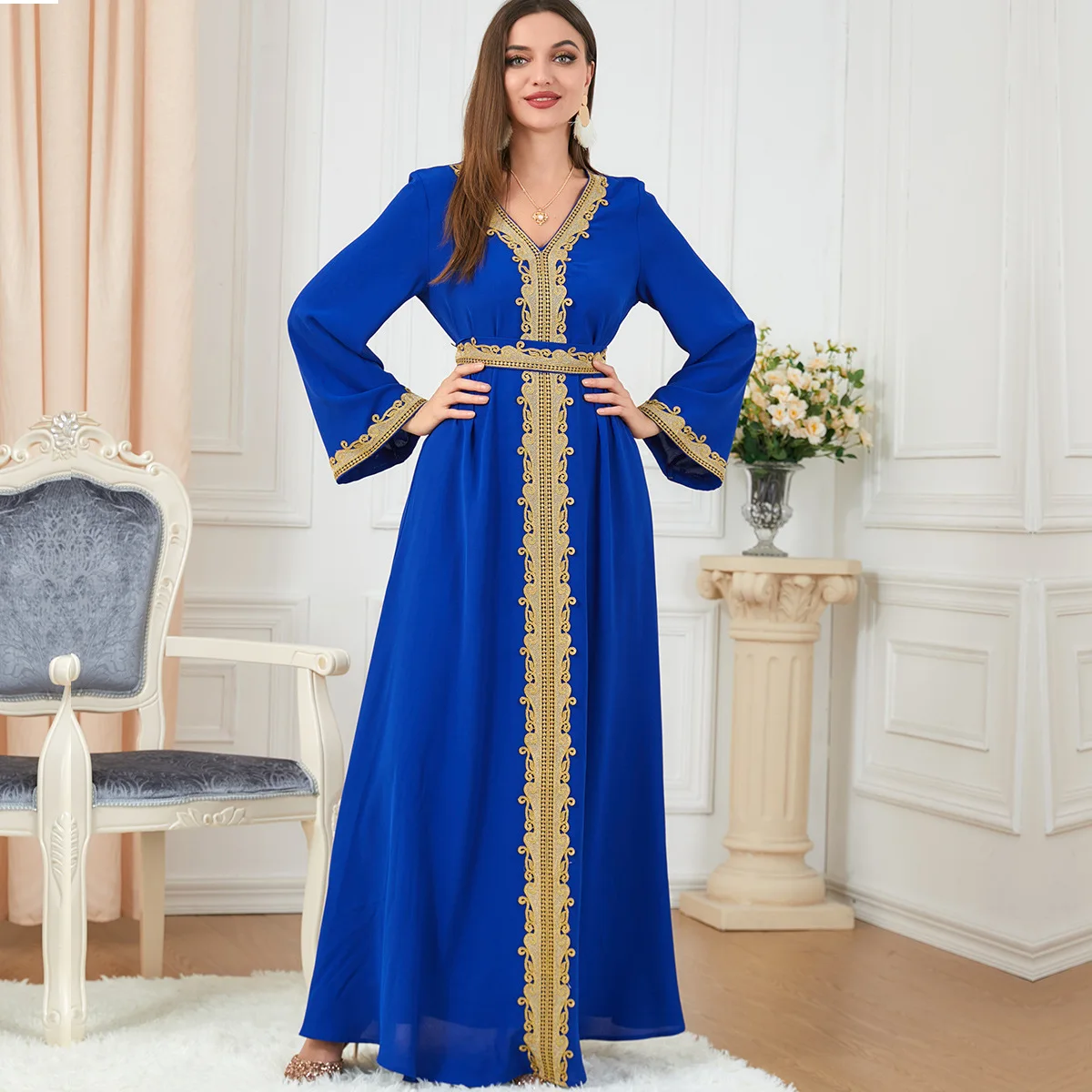 

Moroccan Caftan Dubai Turkey Muslim Dress Women Blue Abaya Elegant Lady Islamic Clothing Jelaba Eid Mubarak Djellaba Femme