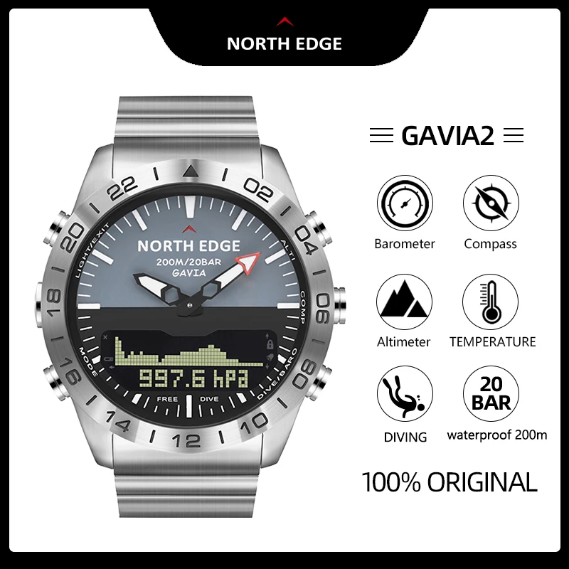 

NORTH EDGE Mens Dive Watch Military Army Luxury Full Steel Smartwatch Compass Altimeter Barometer Digital Clock Waterproof 200m