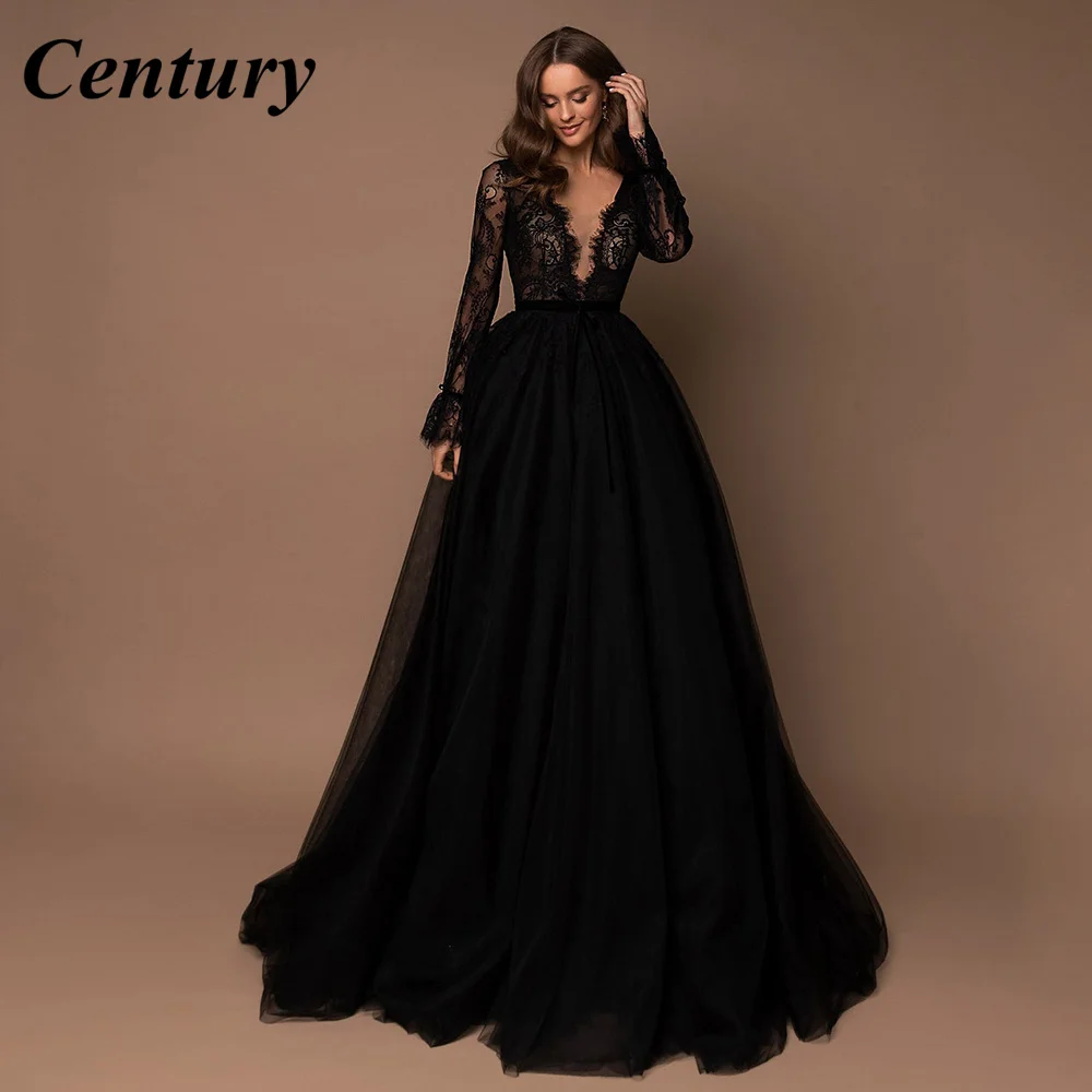 Elegant Black Plunging V-Neck Prom Dresses Long Sleeves Illusion Lace Bodice A-Line Evening Dresses Velvet Sashes Party Dresses
Elegant Black Plunging V-Neck Prom Dresses Long Sleeves Illusion Lace Bodice A-Line Evening Dresses Velvet Sashes Party Dresses