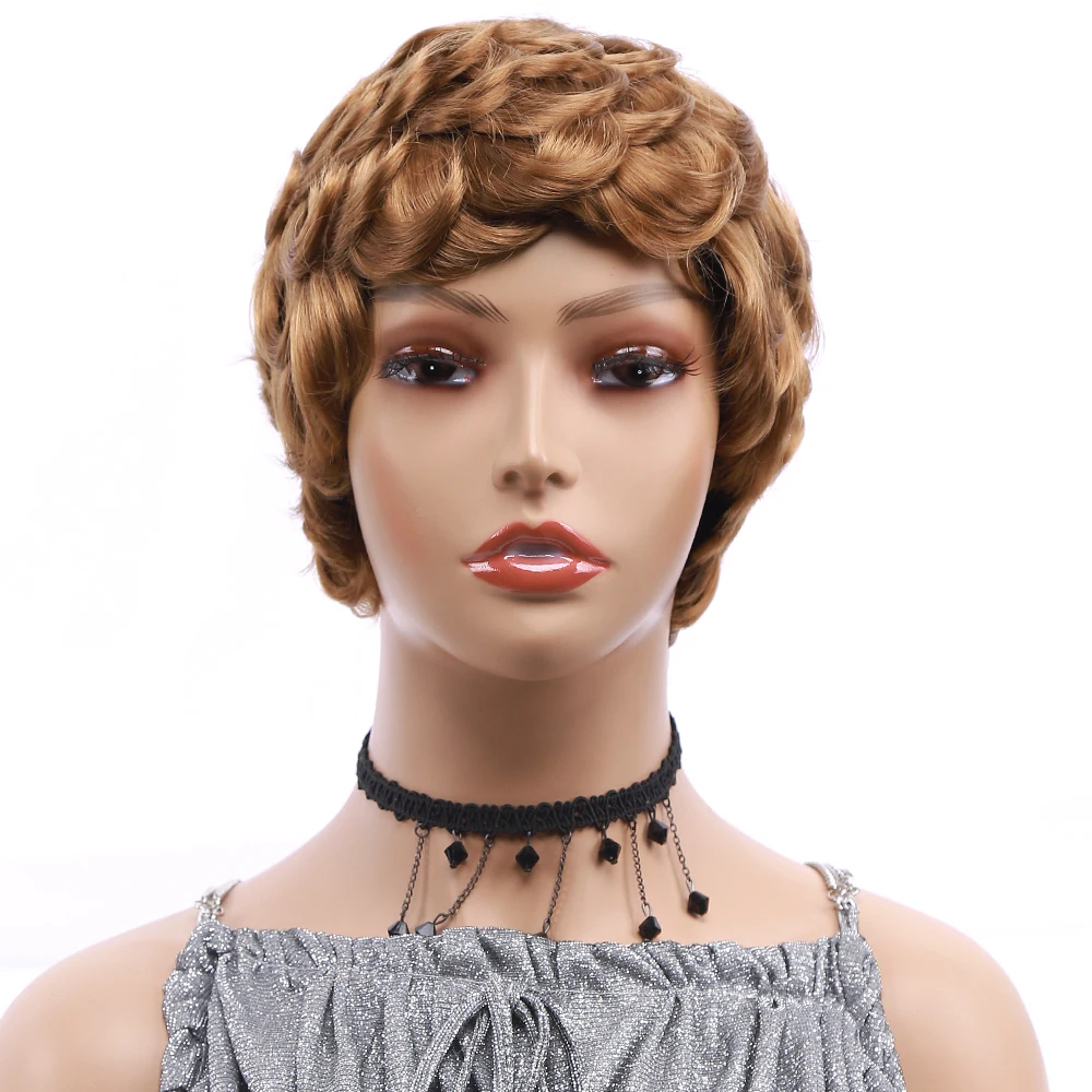 

Short Blonde Curly Wig for Black Women Synthetic Pixie Cut Wig Ombre Brown Bob Wigs with Natural Curly bangs Cosplay Party