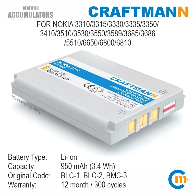 

Craftmann Battery 950mAh for Nokia 3310/3315/3330/3335/3350/3410/3510/3530/3550/3589/3685/3686/5510/6650/6800/6810 (BLC-1/BLC-2)