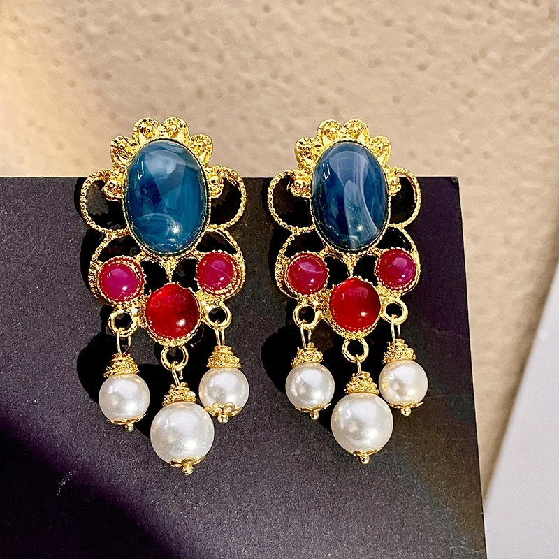 

Vintage Luxury Crystal Pearls Long Tassel Dangle Earrings for Women Retro Palace Style Drop Earring Jewelry Accessories Gifts