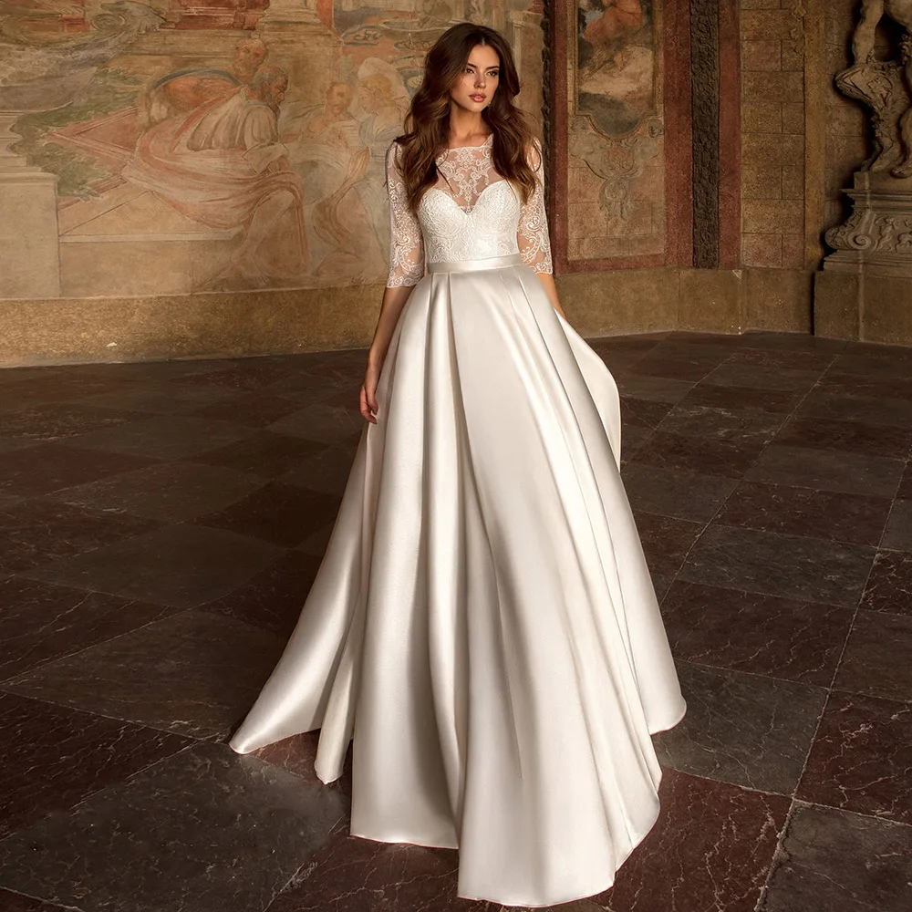 Elegant Lace Wedding Dresses Satin Scoop Neck Three Quarter Sleeves Chapel Train Long A Line Gown For Bride Abito Sposa Pizzo
Elegant Lace Wedding Dresses Satin Scoop Neck Three Quarter Sleeves Chapel Train Long A Line Gown For Bride Abito Sposa Pizzo