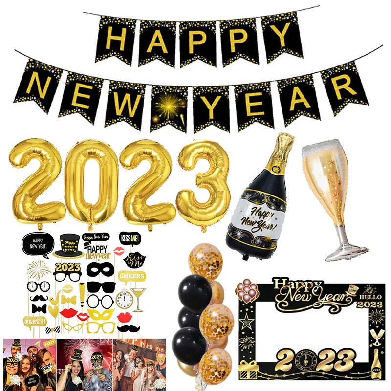 

2023 Happy New Year Foil Balloons Photo Booth Frame Props Balloons Gold Black Banner Garland New Year Eve Party Home Supplies
