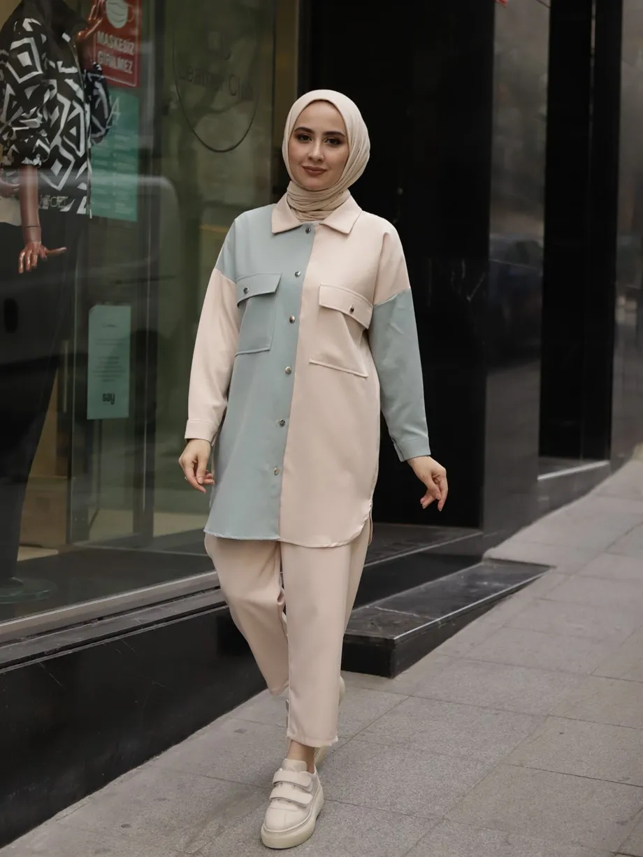

Women's twinset double color tunic and trousers hijab suit women Fashion stylish and elegant bottom and top Muslim fashion and seasonal