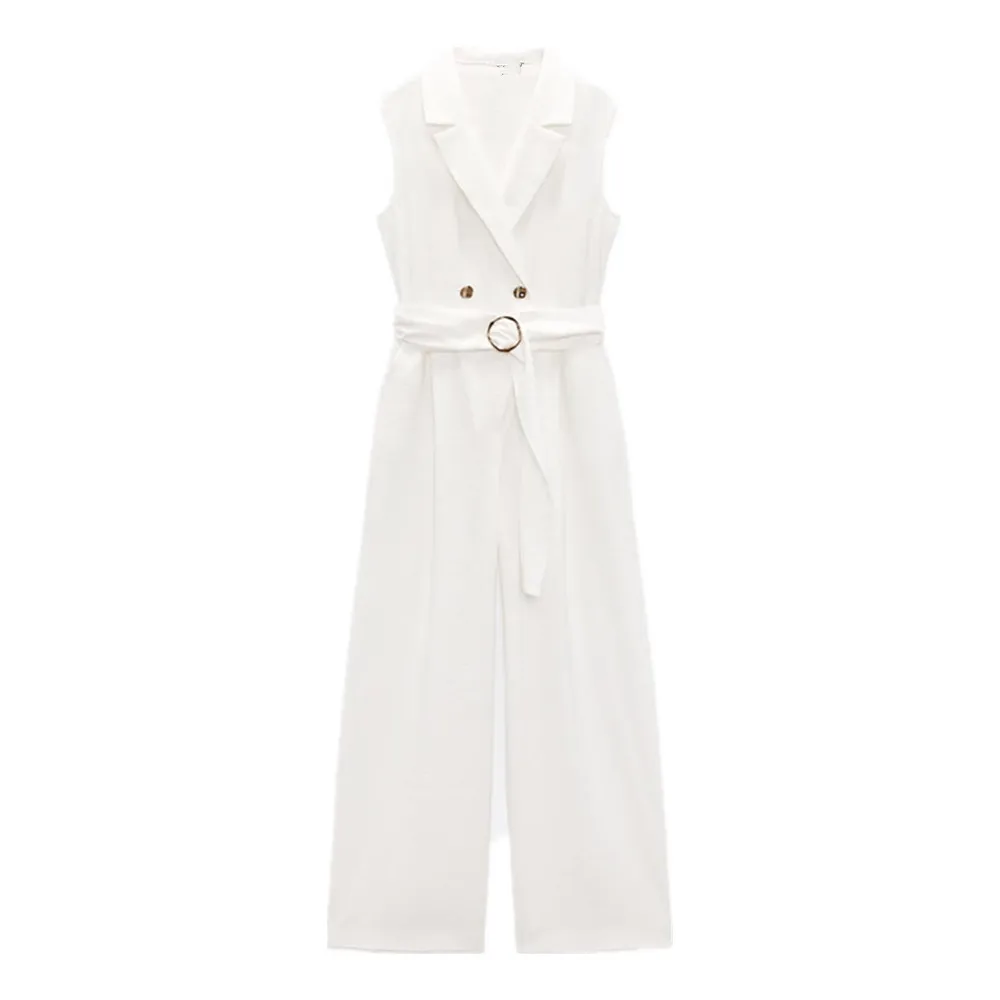 

PB&ZA summer new women's fashion and capable commuter white belted sleeveless lapel double-breasted long jumpsuit 1971/158