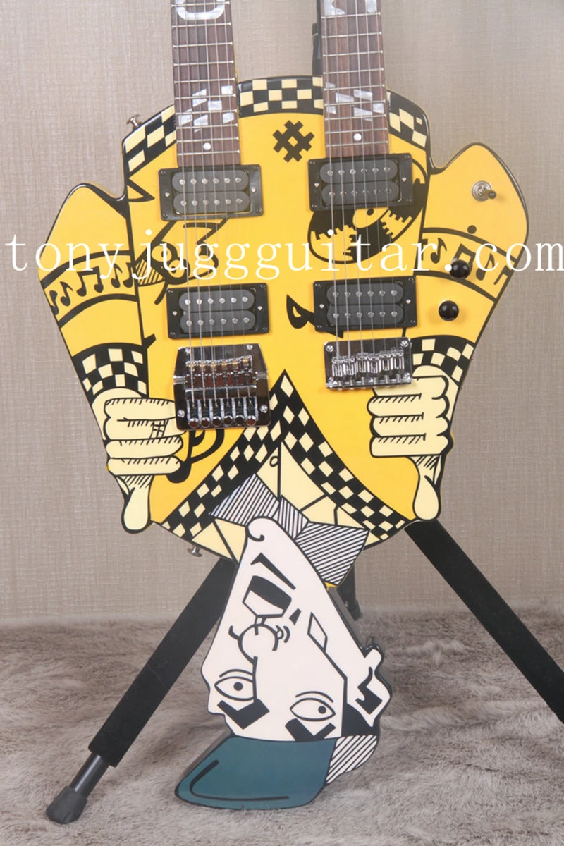 

Cheap Trick's Rick Nielsen Uncle Dick Double Neck Yellow Electric Guitar White Pearl Inlay, Kahler Bridge on the left neck