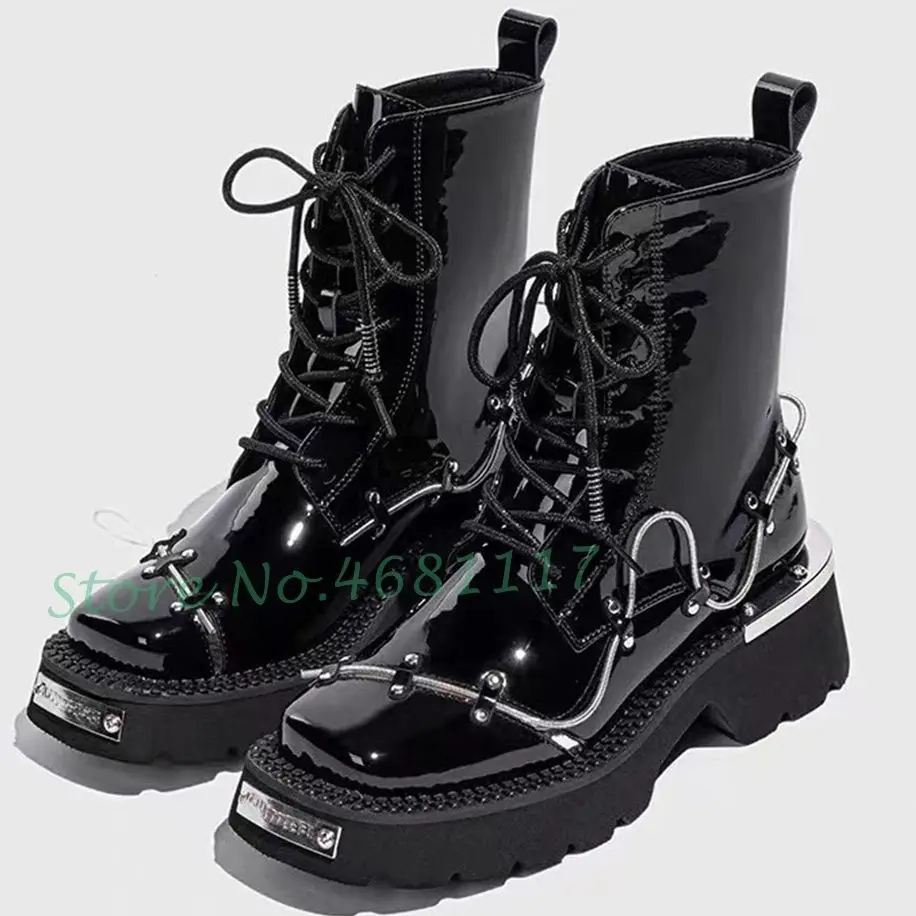 Metal Toe Patent Leather Ankle Boots Cool Women Cross Tied Bordered Lace-up Winter Boots Trend Female Round Toe Motorcycle Boots
Metal Toe Patent Leather Ankle Boots Cool Women Cross Tied Bordered Lace-up Winter Boots Trend Female Round Toe Motorcycle Boots