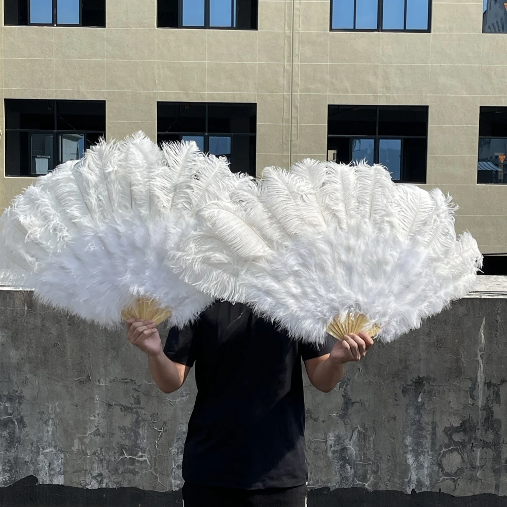 

Natural White Ostrich Hand Feather Folding Fan for Stage Performance Dancer Show Carnival Wedding Props Turkey Plumes Hand Fans