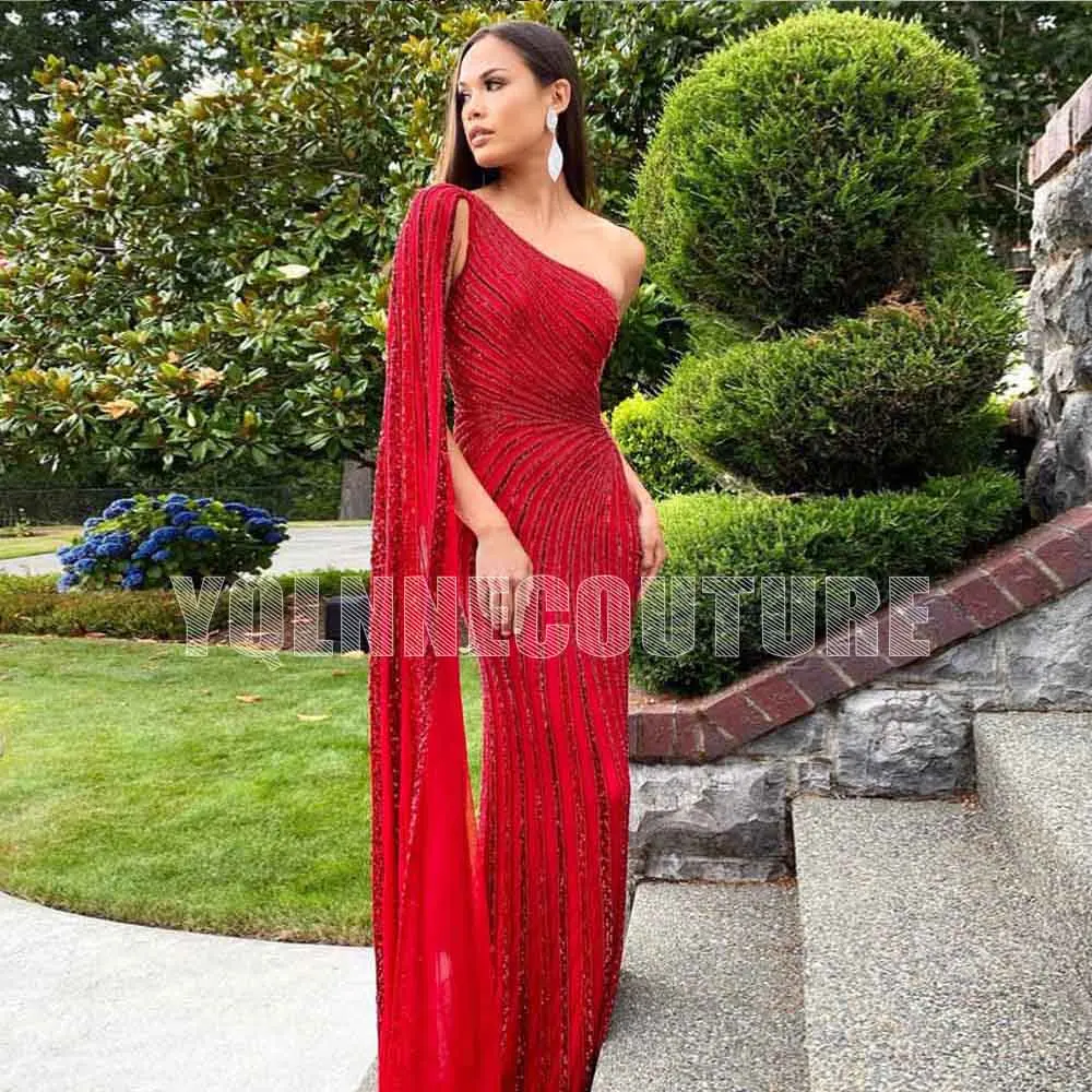 Dubai Red One Shoulder Long Sleeve Evening Dresses Pageant Tulle Crystals Beaded Women Mermaid Party Evening Gown Competition
Dubai Red One Shoulder Long Sleeve Evening Dresses Pageant Tulle Crystals Beaded Women Mermaid Party Evening Gown Competition