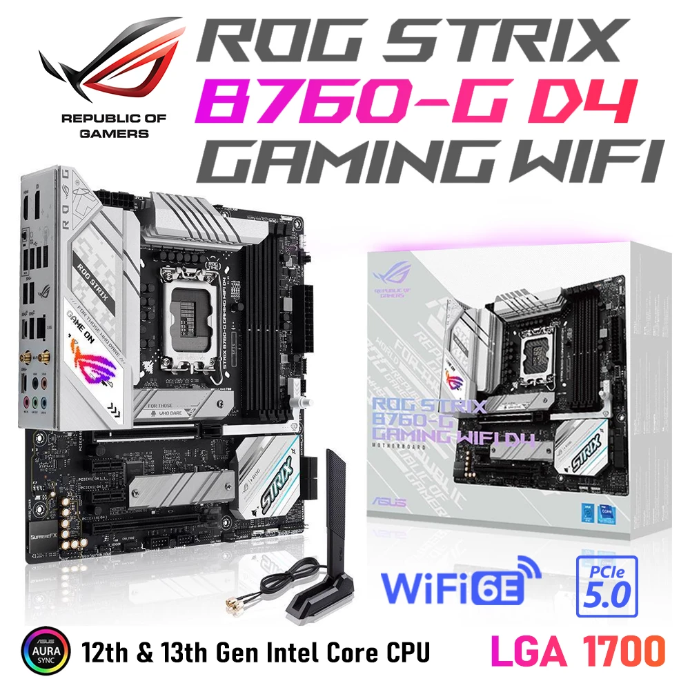 

Материнская плата ASUS ROG STRIX B760-G GAMING WIFI D4 LGA 1700 Материнская плата Intel B760 MATX DDR4 WIFI 6E Поддержка ЦП Intel Core 13-го и 12-го поколения Intel Core i3 i5 i7 i9 PCIe 5.0 M.2 Белый