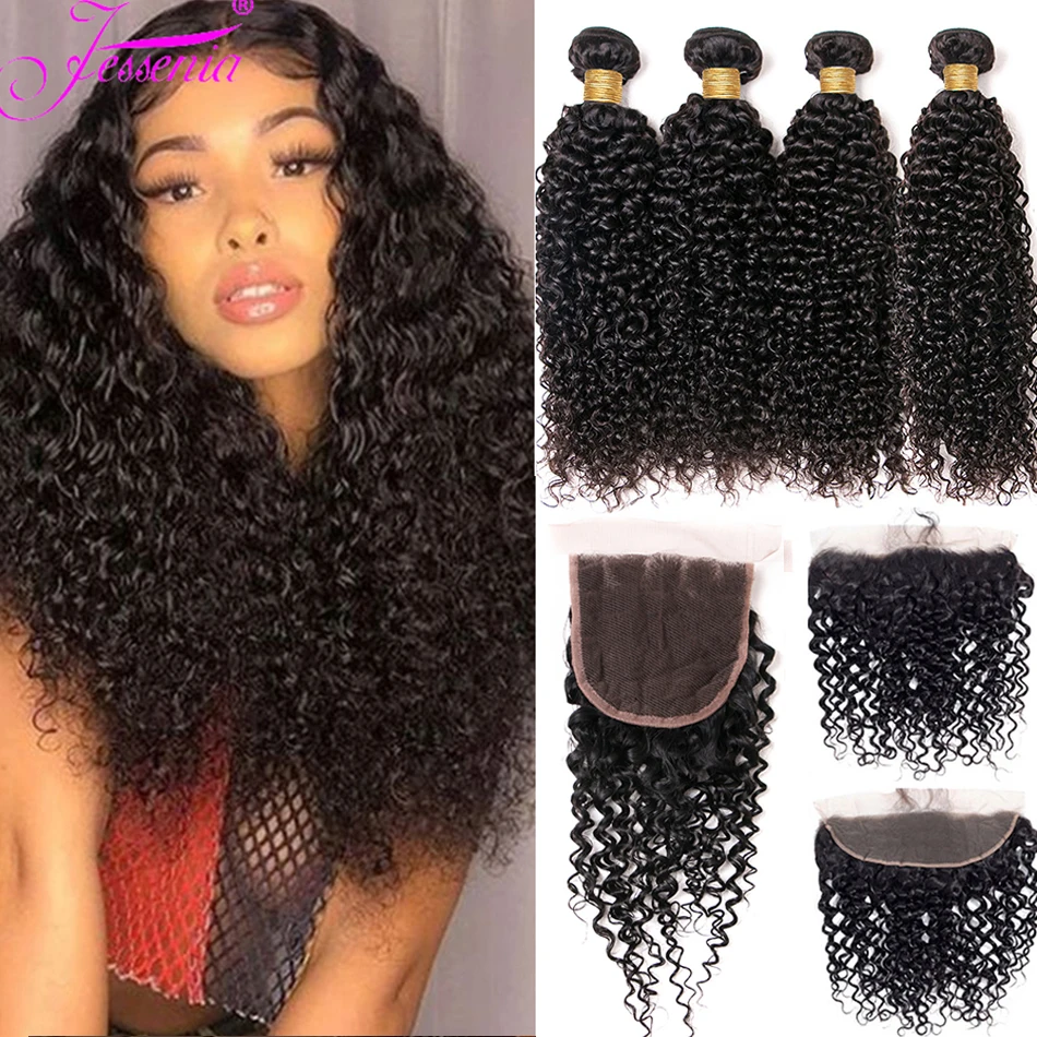 

Mongolian Kinky Curly Bundles With Closure Loose Deep Curly 12A Unprocessed Human Hair Bundle With Frontal HD Lace Jerry Curl