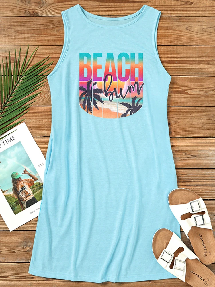 

Women Beach Tank Dress Coconut Trees Graphic T Shirt Dresses Summer Sleeveless Holiday Vacation Pocket Sundress 2023 Summer