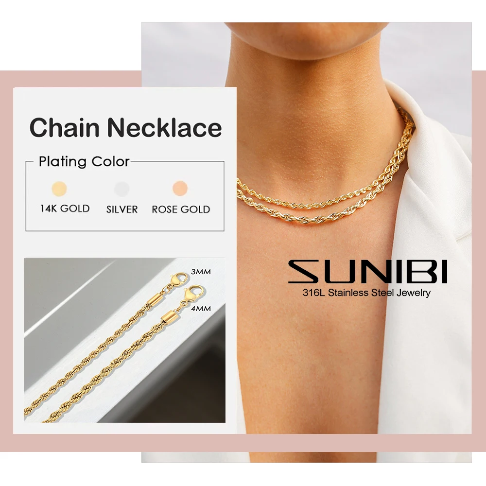 SUNIBI Twisted Chain Necklaces Women Gold Silver Color 3mm/4mm Stainless Steel Never Fade Jewelry Choker Necklace for Women Gift
SUNIBI Twisted Chain Necklaces Women Gold Silver Color 3mm/4mm Stainless Steel Never Fade Jewelry Choker Necklace for Women Gift