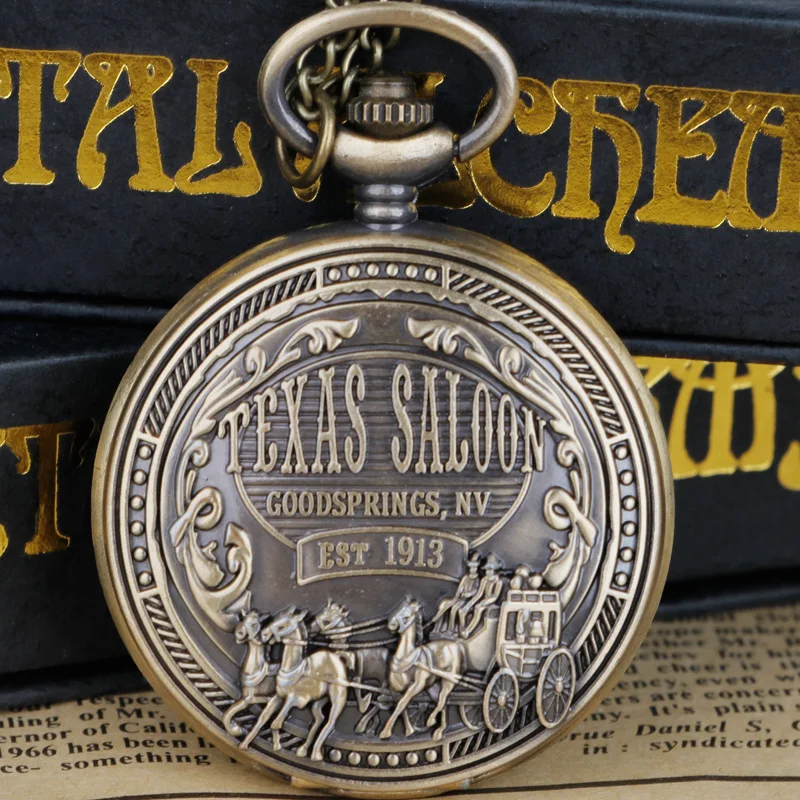 10pcs Vintage Texas Saloon Goodsprings nv EST1913 Pocket Watches Steampunk with Chain Pendant Clock
10pcs Vintage Texas Saloon Goodsprings nv EST1913 Pocket Watches Steampunk with Chain Pendant Clock