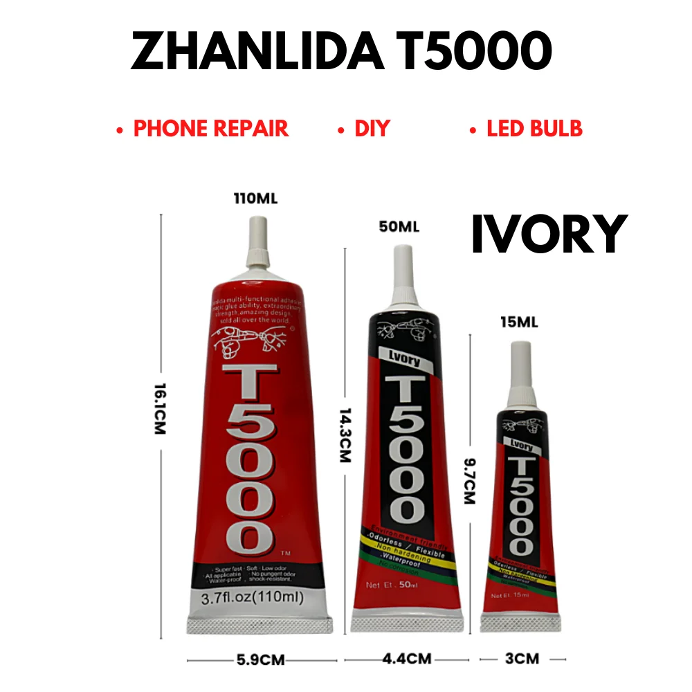 

Zhanlida T5000 15ML /50ML /110ML Ivory Decoration Point Drill Adhesive Phone Repair LED Ball Foam PP / PE Plastic White DIY Glue