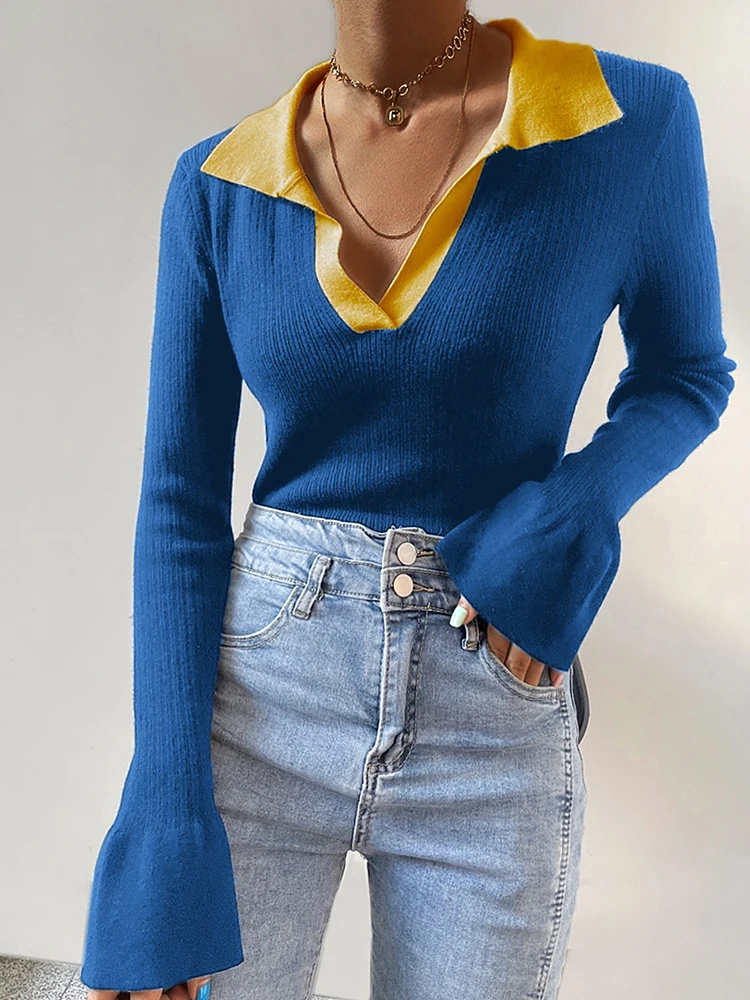 

BerryGo 2022 Осень Зима V-образный вырез пуловеры скинни женские Модные расклешенные рукава отложной воротник теплые свитера синий базовый джемп...