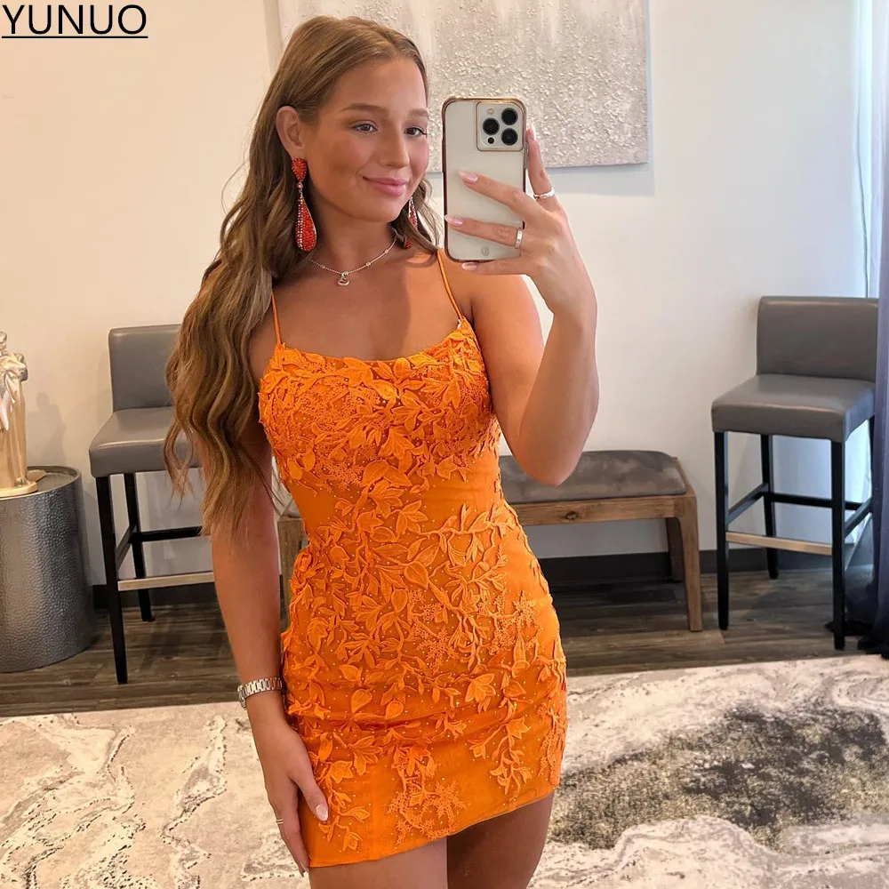 

YUNUO Orange Beaded Lace Fitted Cocktail Homecoming Dress Spaghetti Straps Mini Length Vestidos De Gala Short Prom Party Gowns