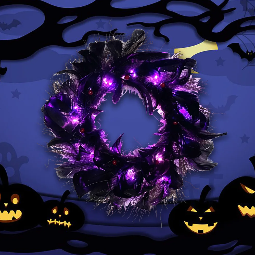 Halloween Wreath Decoration On The Door Black Feather With LED Lighted Indoor Wall Decor Ornament Home Supplies Diy Party Wreath 
Halloween Wreath Decoration On The Door Black Feather With LED Lighted Indoor Wall Decor Ornament Home Supplies Diy Party Wreath