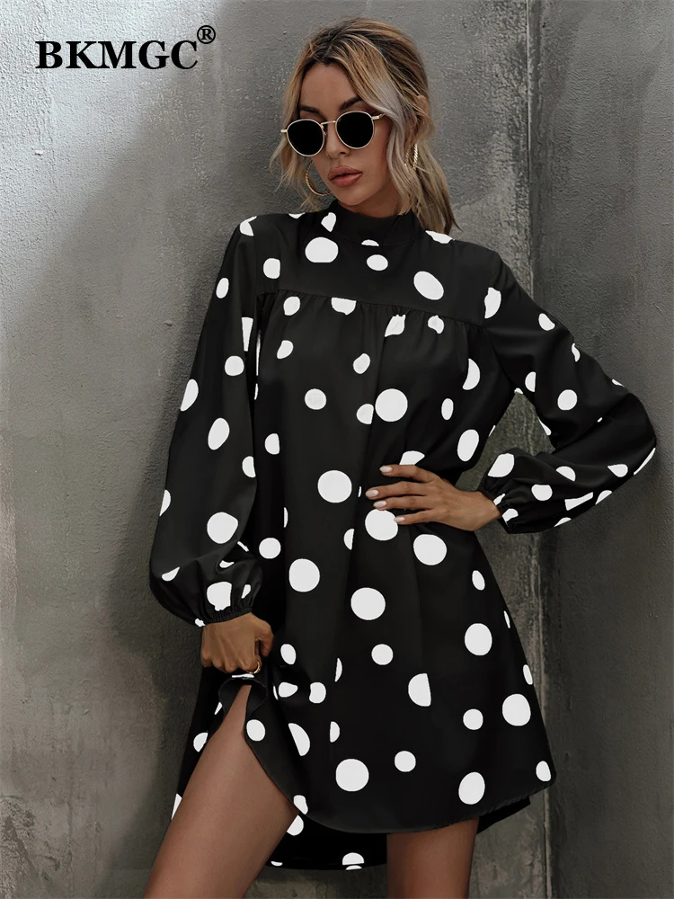 

BKMGC Black Long Sleeve Turtle Neck Dot Print Large Hem Loose Fitting Casual Mini Dress Woman 2022 Spring Autumn Series 6096