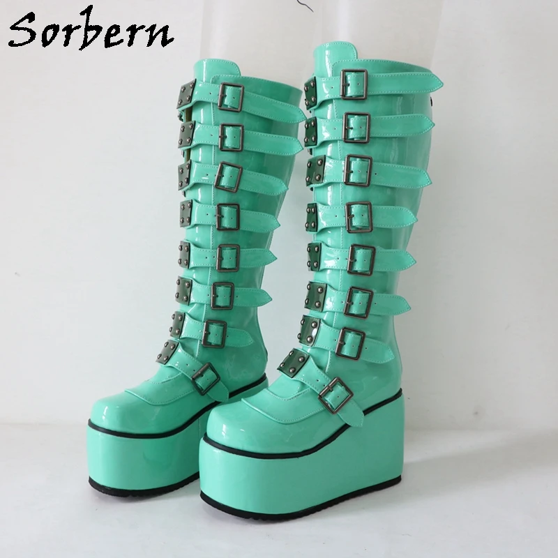 

Sorbern Fashion Punk Style Boots Women Knee High Wedges Comfortable Buckles Straps Fetish Drag Queen Shoe Custom