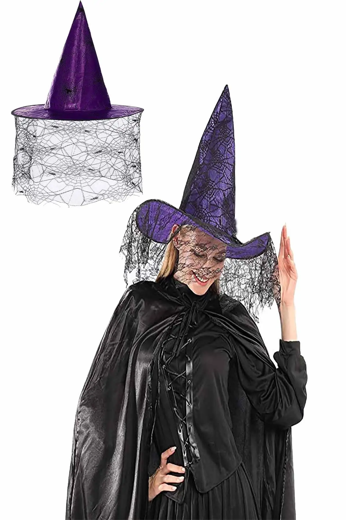 

Halloween Witch Hat Purple Black Spider Web Patterned Tulle Party Witch Hat 34cm