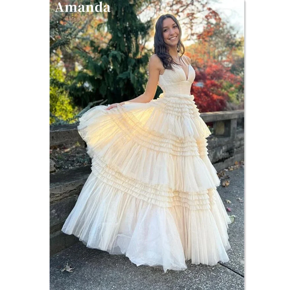

Amanda Princess Spaghetti Strap Prom Dress Multilayer A-line فستان سهرة Formal Occasion Dresses Floor Length Evening Dress