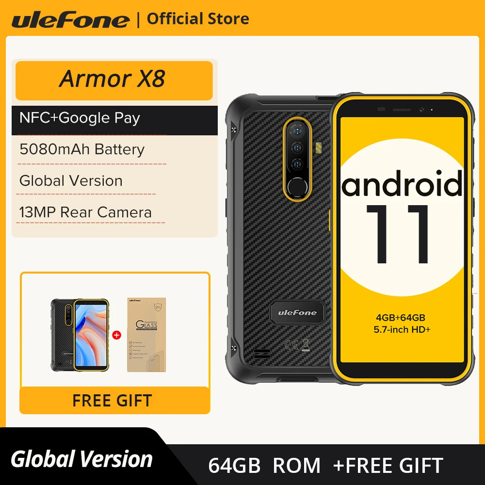 

Ulefone Armor X8 Rugged Waterproof Smartphone Android11 5.7-inch Cell Phone 4GB 64GB ip68 Octa-core NFC 4G LTE Mobile Phone