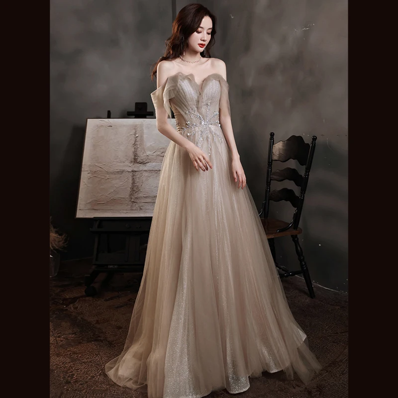 

Evening Dress Champagne Annual Meeting Host Dignified Ladies Banquet Looks Thin and Temperament Atmospheric Prom Dress A115