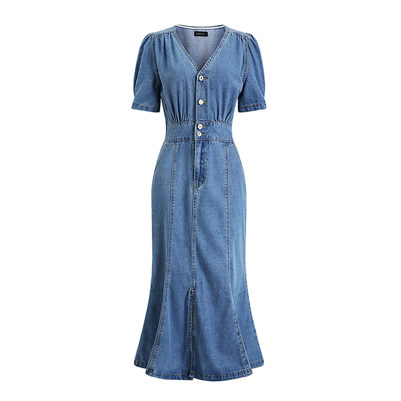 PERHAPS U Denim Dress Pocket V Neck Short Sleeve Midi Dress Women Puff Sleeve Fit And Flare Korean Style D1806
PERHAPS U Denim Dress Pocket V Neck Short Sleeve Midi Dress Women Puff Sleeve Fit And Flare Korean Style D1806