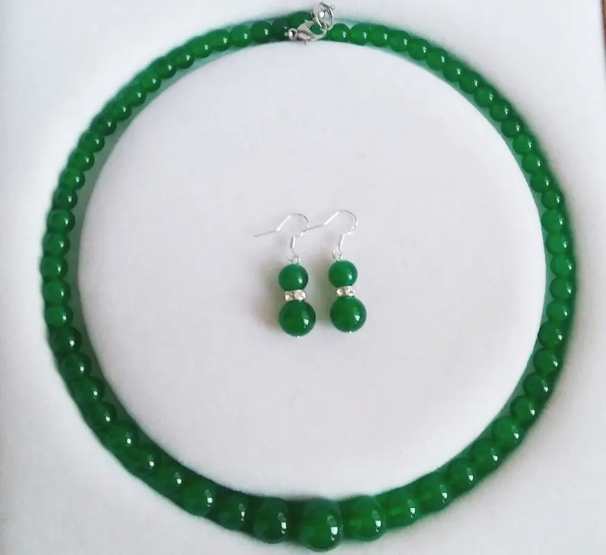 

6-14mm Natural Green Jade Round Beads Necklace Earrings Jewelry Set 18" AAA+