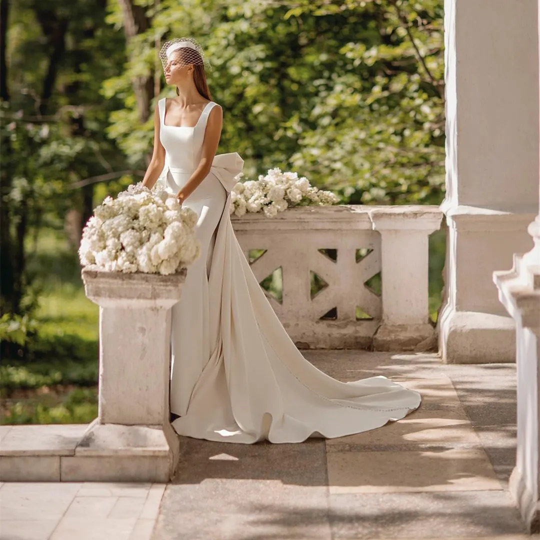 

Женское атласное платье-русалка, Элегантное Длинное Свадебное платье с квадратным вырезом и бантом на спине цвета слоновой кости