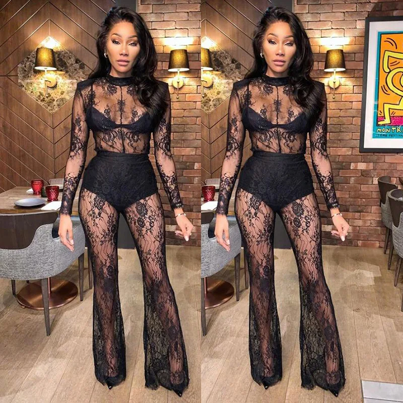 

Adogirl Black Floral Lace Jumpsuit Woman See through Long Sleeve Mock Neck Flare Pants Rompers Skinny Night Club Party Outfits