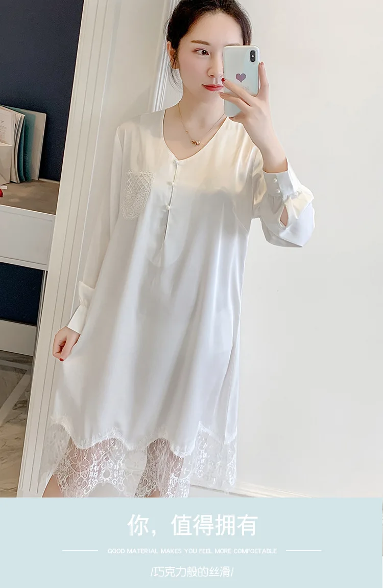 Korean Sexy Women Nightwear Long Sleeve Lace Princess Sleepwear Autumn Silk Chemise Stain Nightgown Pink Plus Size Nighties 2021 
Korean Sexy Women Nightwear Long Sleeve Lace Princess Sleepwear Autumn Silk Chemise Stain Nightgown Pink Plus Size Nighties 2021
