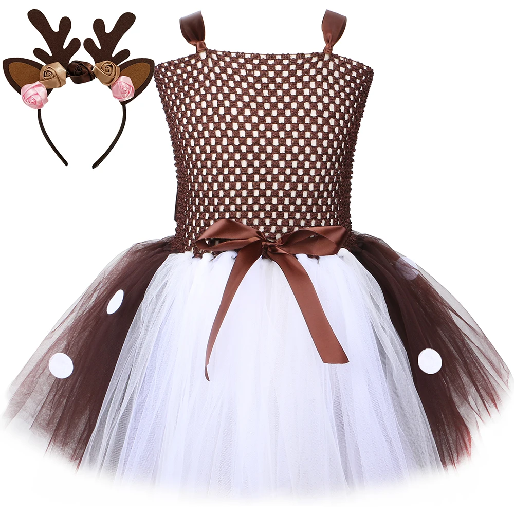 

Brown Deer Tutu Dress Kids Tulle Princess Dress Children Halloween Costume Purim Reindeer Dress Up For Girls Christmas Clothes