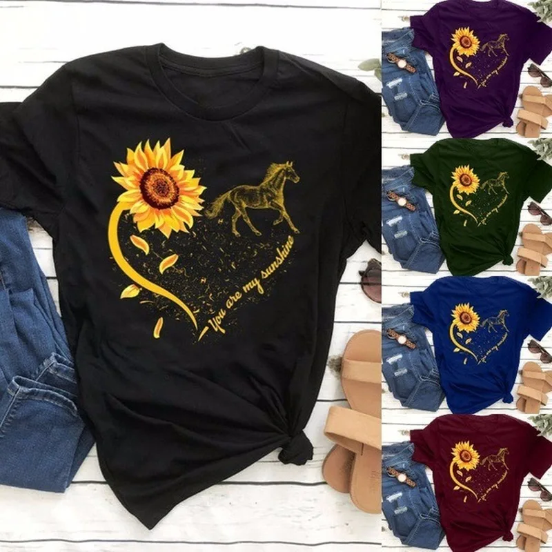 Sunflower Horse Heart Print T Shirt Women Short Sleeve O Neck Loose Tshirt Summer Women Tee Shirt Tops Camisetas Mujer
Sunflower Horse Heart Print T Shirt Women Short Sleeve O Neck Loose Tshirt Summer Women Tee Shirt Tops Camisetas Mujer
