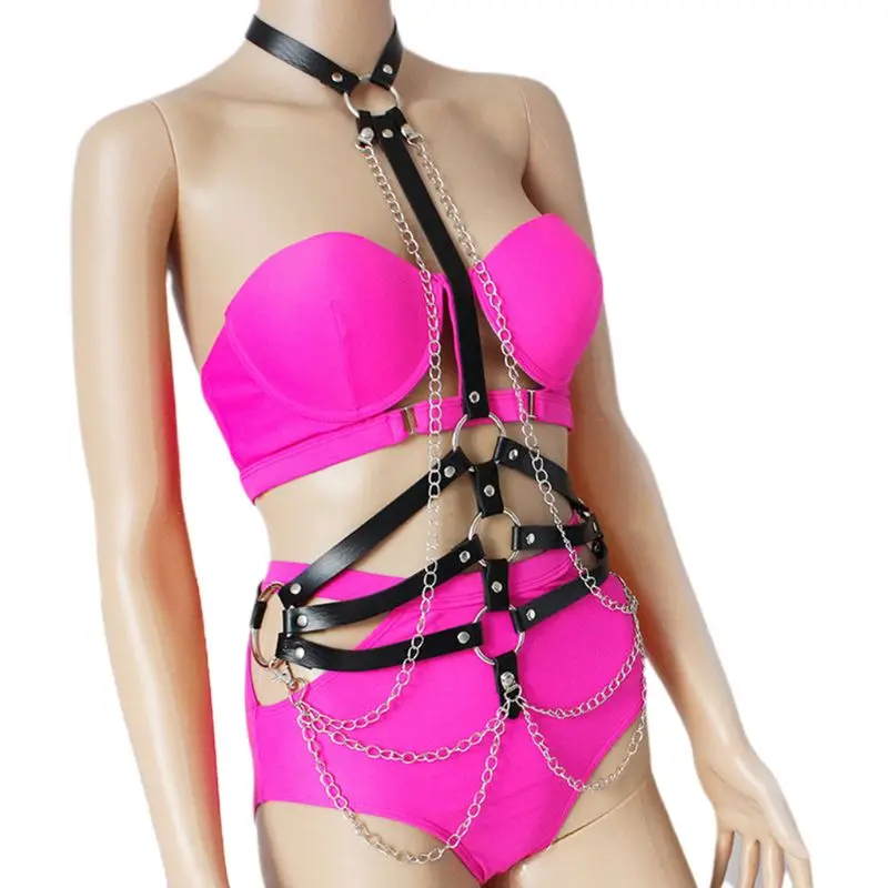 Womens Punk Gothic Faux Leather Halter Lingerie Body Caged Harness Long Metal Chain Tassels Waist Belt Clubwear with O-Rings
Womens Punk Gothic Faux Leather Halter Lingerie Body Caged Harness Long Metal Chain Tassels Waist Belt Clubwear with O-Rings