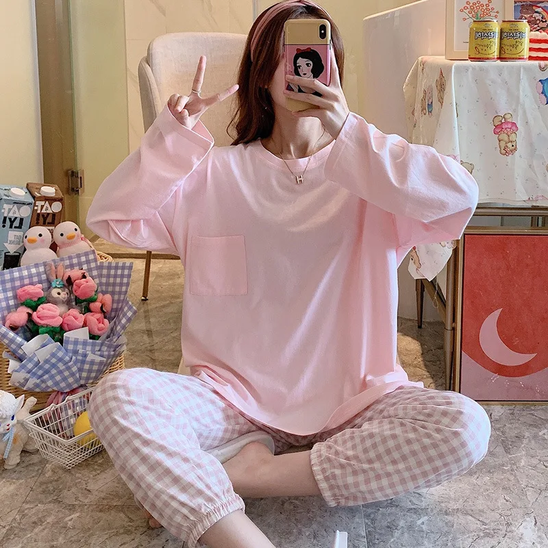 Cotton Pajamas Women Simple Solid Color Sleepwear Round Neck Casual Home Wear Loose Student Sleeping Suit Pyjama Femme Nightwear
Cotton Pajamas Women Simple Solid Color Sleepwear Round Neck Casual Home Wear Loose Student Sleeping Suit Pyjama Femme Nightwear