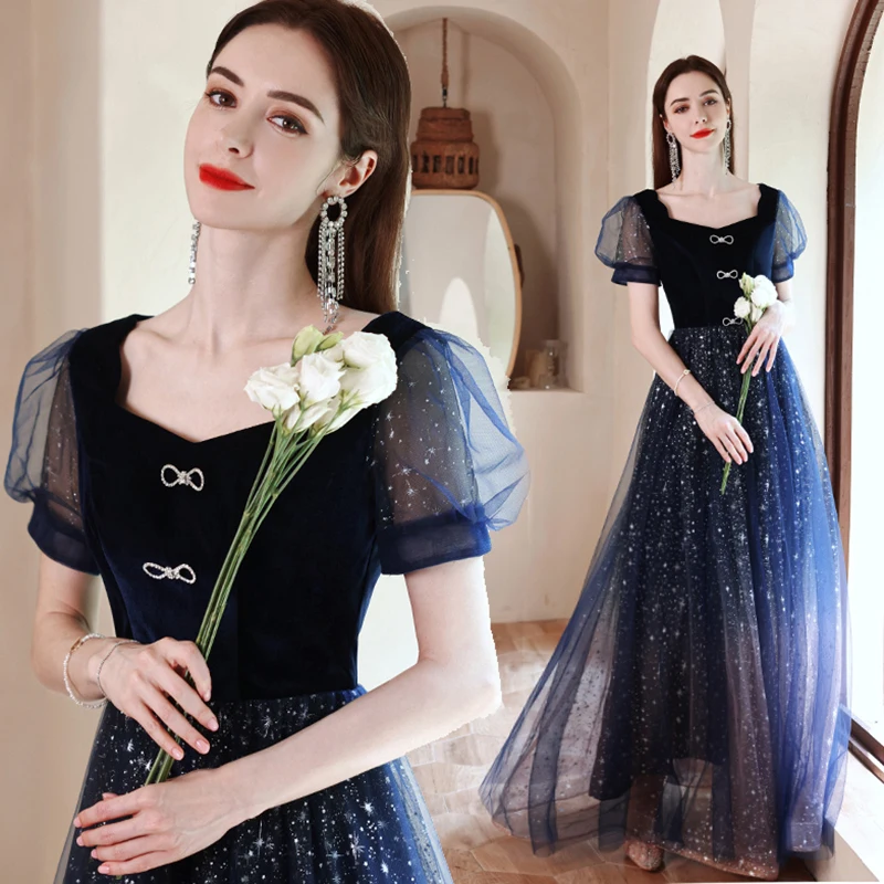 Vintage Blue Starry Evening Dress Square Puff Sleeve Long Banquet Dress Elegant Bow Back Lace Up Birthday Party Princess Dress
Vintage Blue Starry Evening Dress Square Puff Sleeve Long Banquet Dress Elegant Bow Back Lace Up Birthday Party Princess Dress