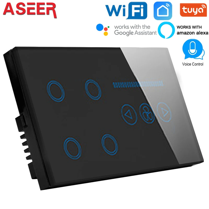 ASEER UK smart switch 4 gang WIFI Wall switch with wifi control Fan Switch,Black Crystal Glass Panel,Work alexa,google assistan
ASEER UK smart switch 4 gang WIFI Wall switch with wifi control Fan Switch,Black Crystal Glass Panel,Work alexa,google assistan