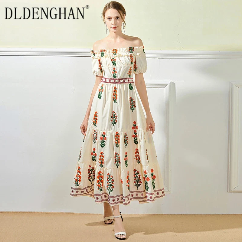 

DLDENGHAN Fashion Designer Summer Floral Embroidery Dress Women Slash neck Puff Sleeve Sexy Off Shoulder Vacation Dresses