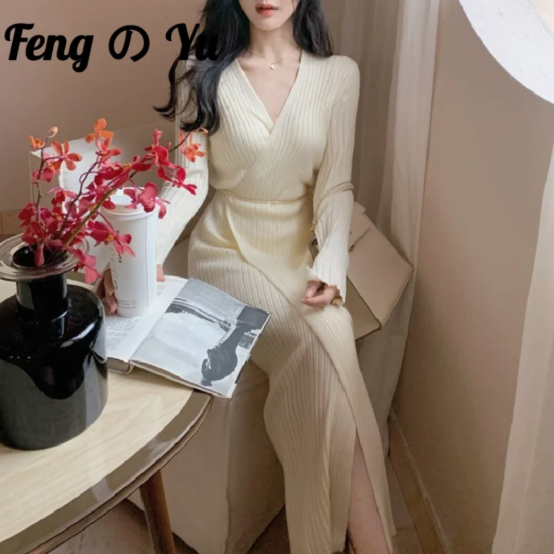 Women's Knitted Sweater Dress Wrapped Lace Vestidos Long Sleeve V Neck Split Casual Winter Elegant Ladies French Tea Break Dress
Women's Knitted Sweater Dress Wrapped Lace Vestidos Long Sleeve V Neck Split Casual Winter Elegant Ladies French Tea Break Dress